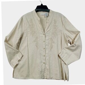 White Stag Linen Blend Embroidered Blouse Women XL Natural Beige Button Up Top